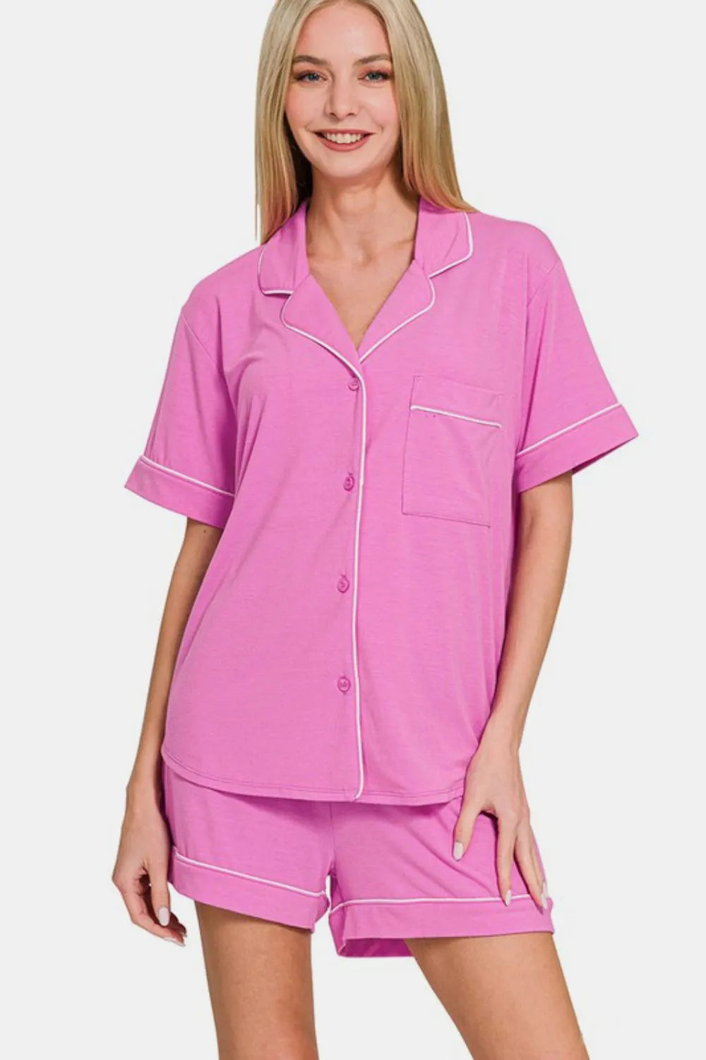 Zenana Button Down Short Sleeve Top and Shorts Lounge Set BRIGHT MAUVE