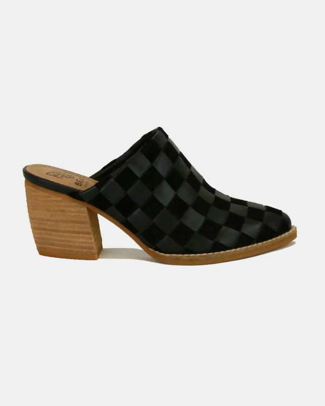 Beast Fashion Woven Checkerboard Block Heel Mule Shoes