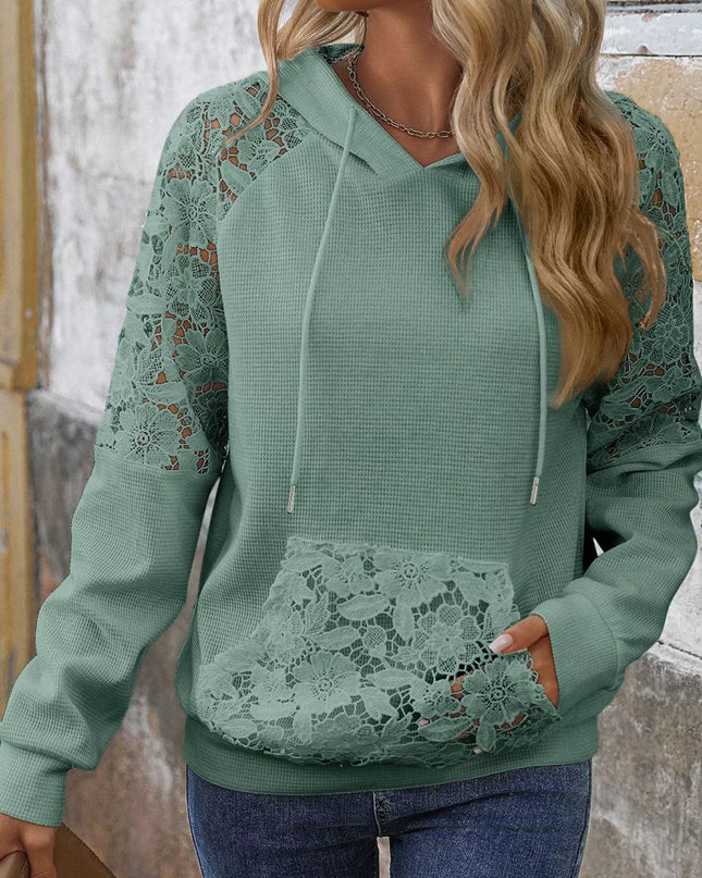 Lace Detail Drawstring Long Sleeve Hoodie Sage