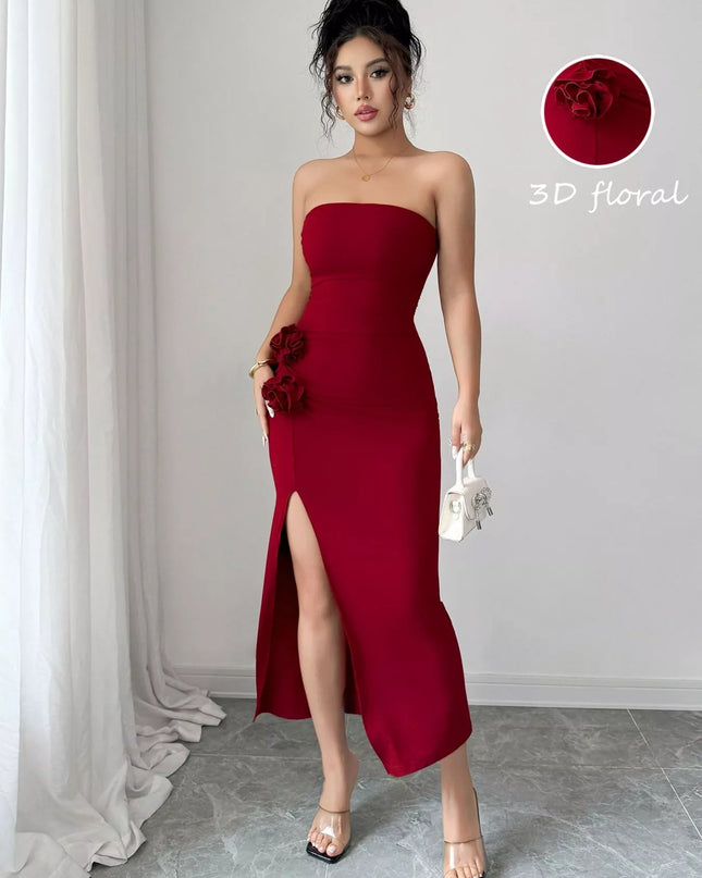 Front Split Strapless Dress with Floral Detail