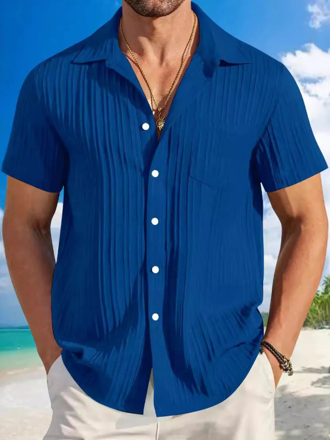 Men's Full Size Button Up Short Sleeve Shirt Plus Size Royal Blue