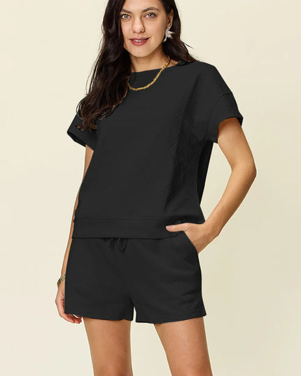 Double Take Full Size Texture Short Sleeve T-Shirt and Drawstring Shorts Set 
