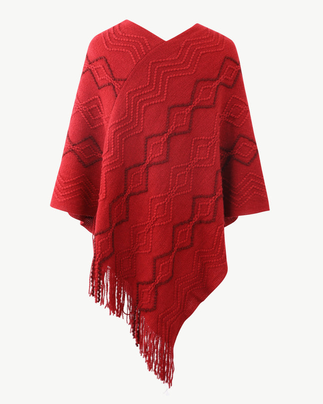 Pearl Trim V-Neck Fringe Hem Poncho