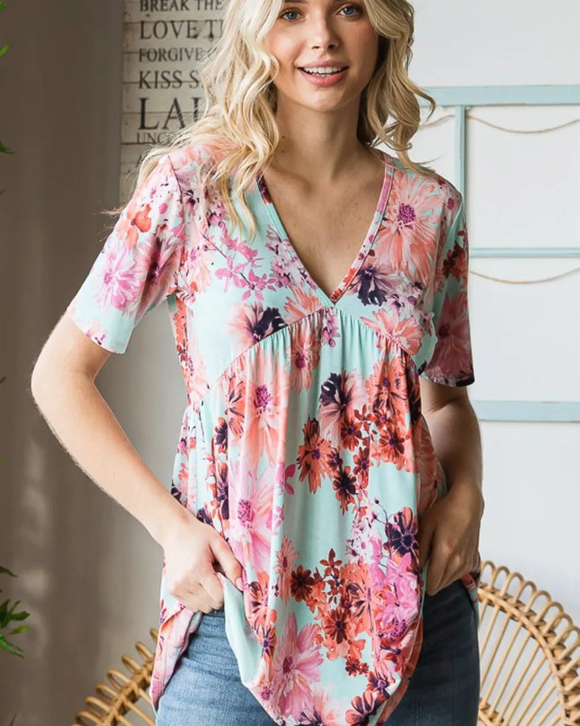 Heimish Full Size Floral V-Neck Short Sleeve Babydoll Blouse