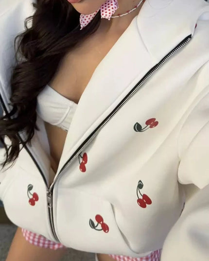 Cherry Print Oversized Zip-Up Hoodie