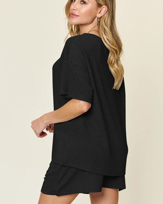 Double Take Basic style Round Neck Solid Set