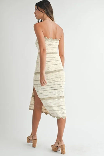 MABLE Contrast Striped Crochet Knit Midi Dress