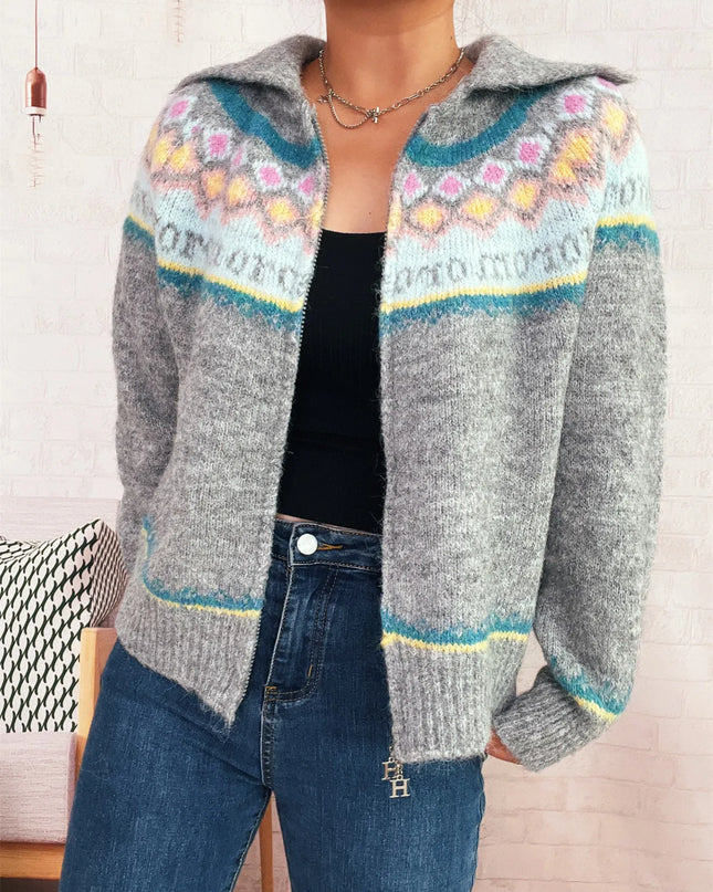 Fair Isle Pattern Zip-Up Cardigan