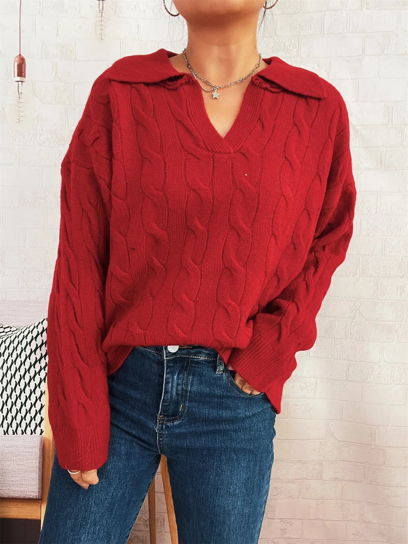 Cable Knit Johnny Collar Sweater