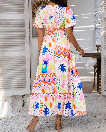 Devine Smocked Printed V-Neck Short Sleeve Maxi Dress