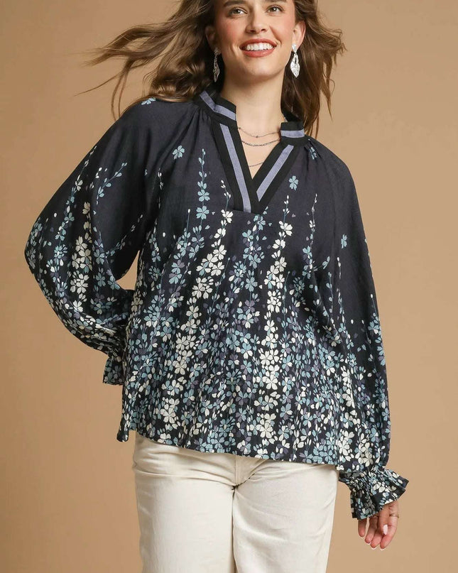 Umgee Full Size Floral Vine Print Blouse with Balloon Sleeves Plus Size Black