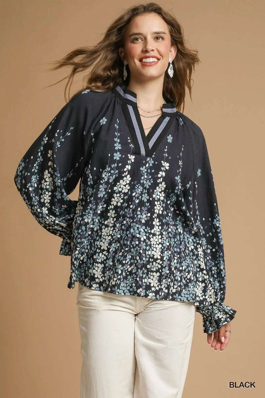 Umgee Full Size Floral Vine Print Blouse with Balloon Sleeves Plus Size Black
