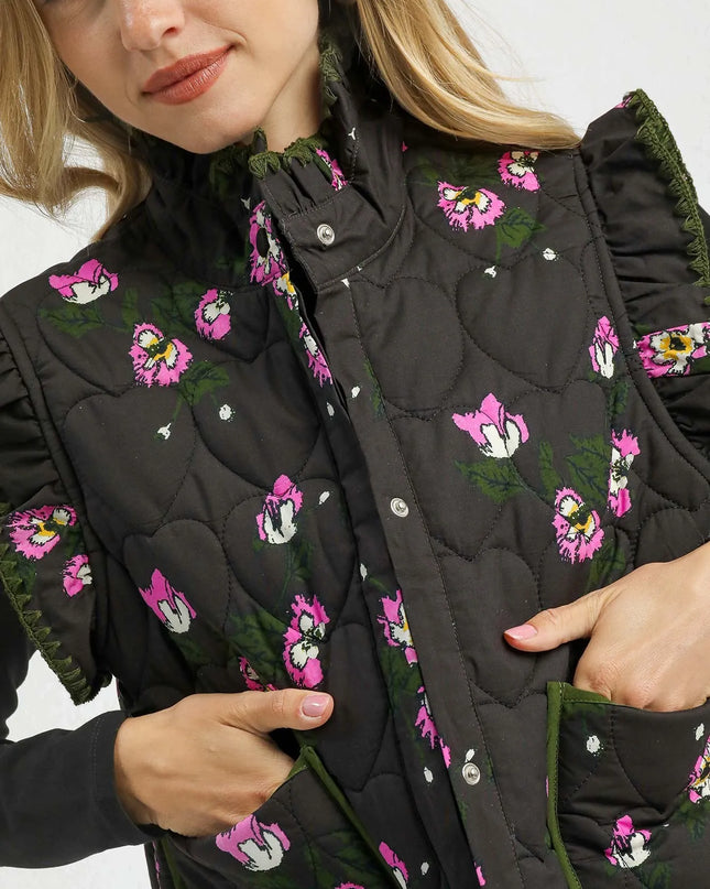 Umgee Ruffled Quilted Floral Snap Down Vest