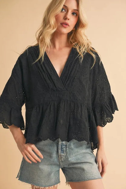 Aemi+Co Flounce Sleeve Eyelet Peplum Top