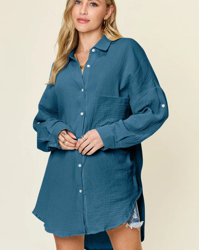 Double Take Full Size Pocketed Texture Button Up Shirt Dark Blue