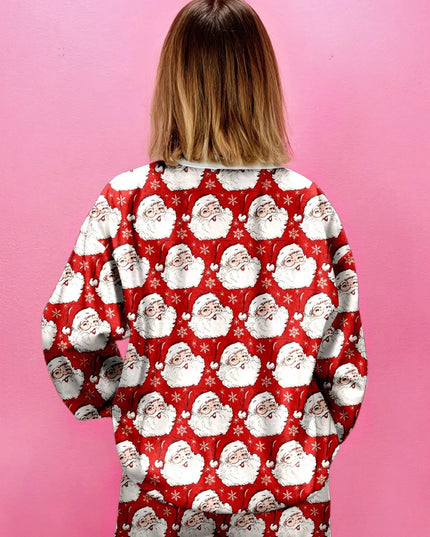 Christmas Santa Print Round Neck Top and Shorts Lounge Set