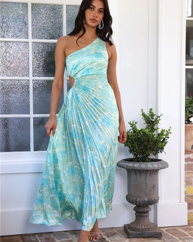 Full Size Single Shoulder Pleated Midi Dress Plus Size 