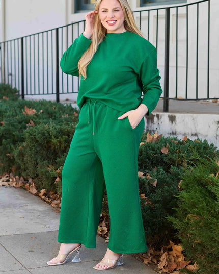Double Take Full Size Textured Long Sleeve Top and Drawstring Pants Set