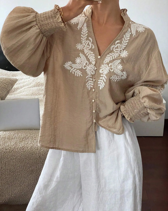 Embroidered Lantern Sleeve Blouse Apricot