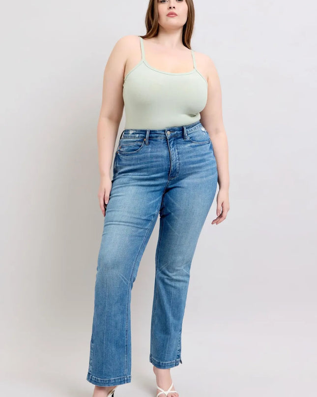 Judy Blue HW Tummy Control Vintage Wash Side Slit Slim Boot Jeans