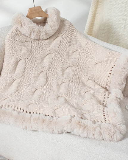 Fuzzy Hem Cable-Knit Poncho Eggshell One Size