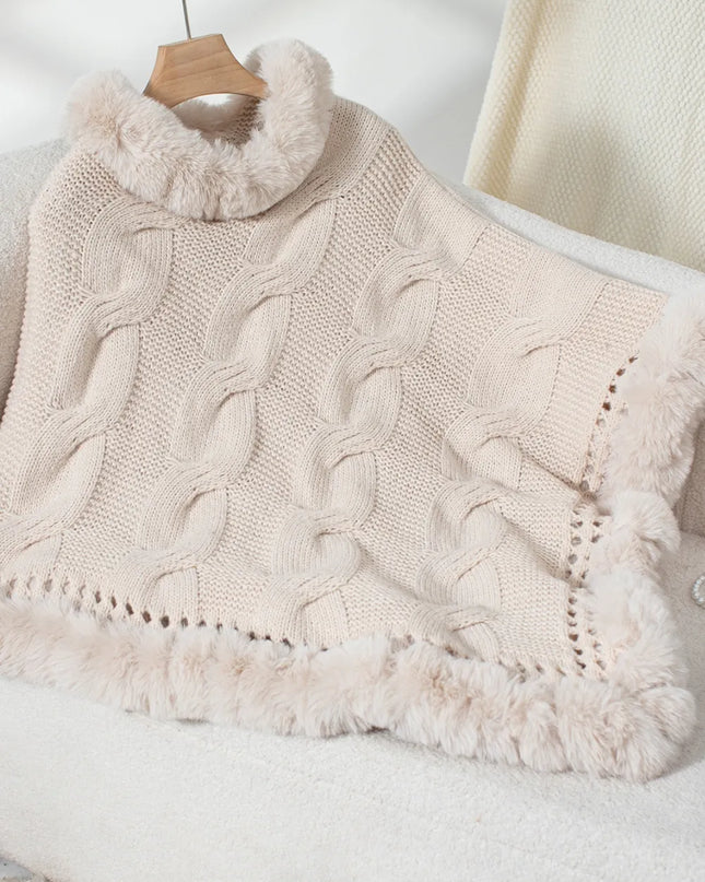 Fuzzy Hem Cable-Knit Poncho Eggshell One Size