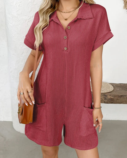 Button Detail Collared Neck Short Sleeve Romper Scarlet