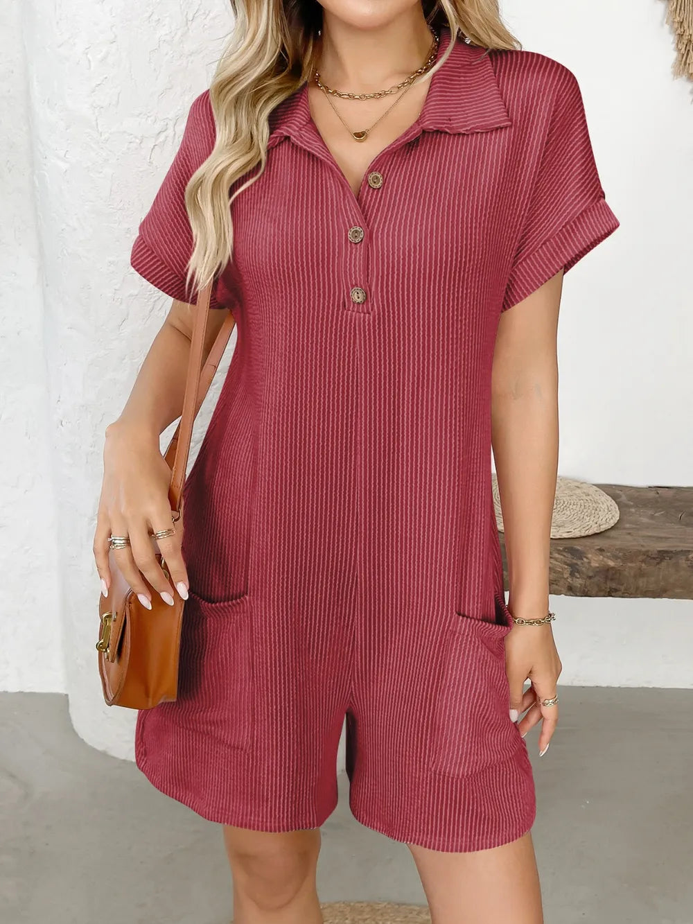 Button Detail Collared Neck Short Sleeve Romper Scarlet