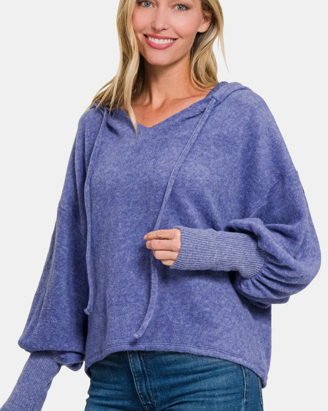 Zenana Brushed Hacci Drop Shoulder Cropped Hoodie Marlin