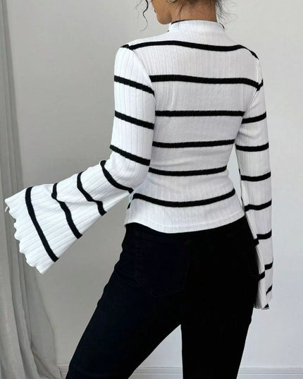 Striped Mock Neck Flare Sleeve Knit Top