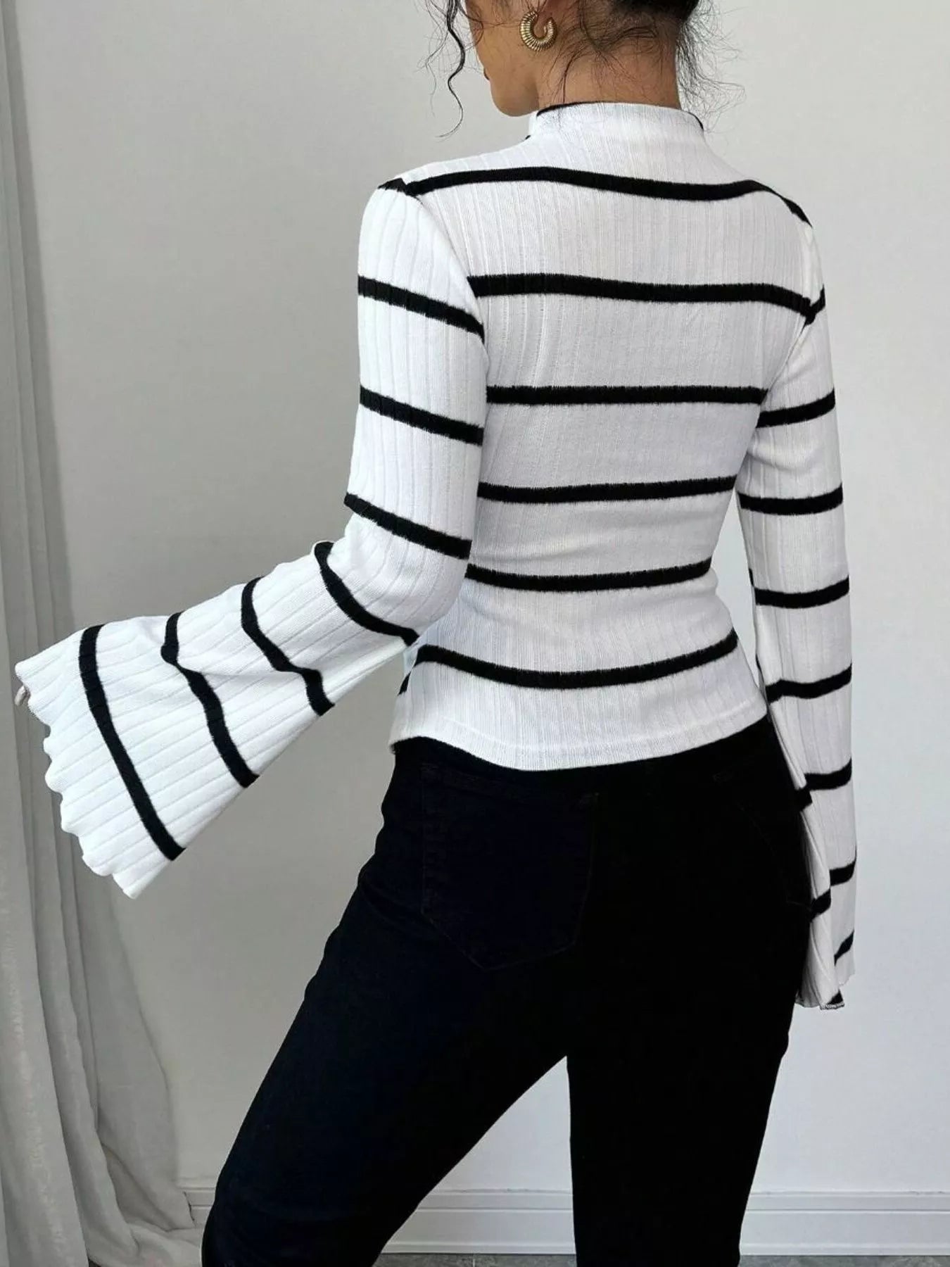Striped Mock Neck Flare Sleeve Knit Top