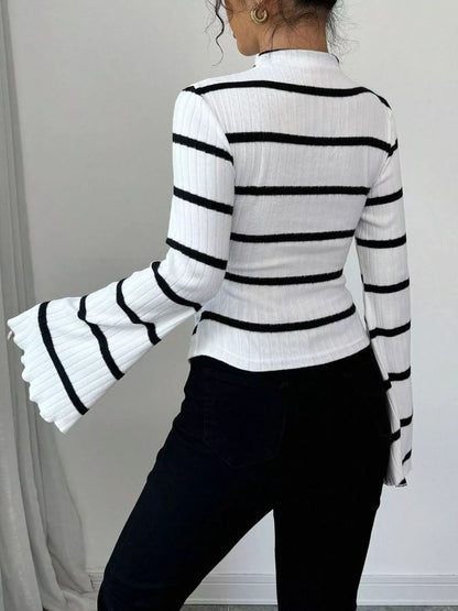 Striped Mock Neck Flare Sleeve Knit Top