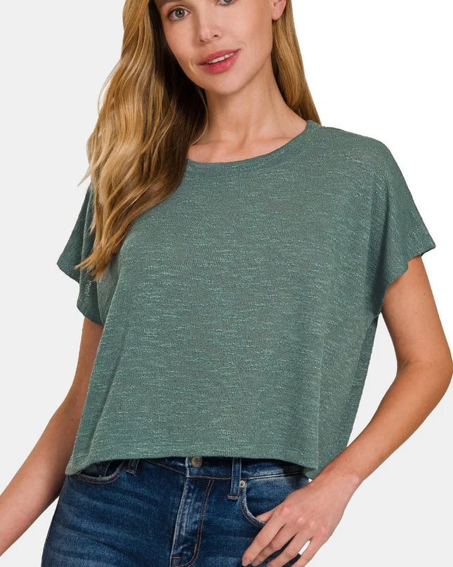Zenana Round Neck Short Sleeve Crop T-Shirt Ash Jade