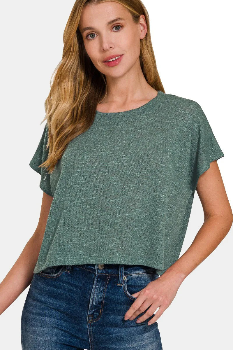 Zenana Round Neck Short Sleeve Crop T-Shirt Ash Jade