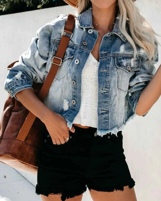 Distressed Raw Hem Denim Jacket