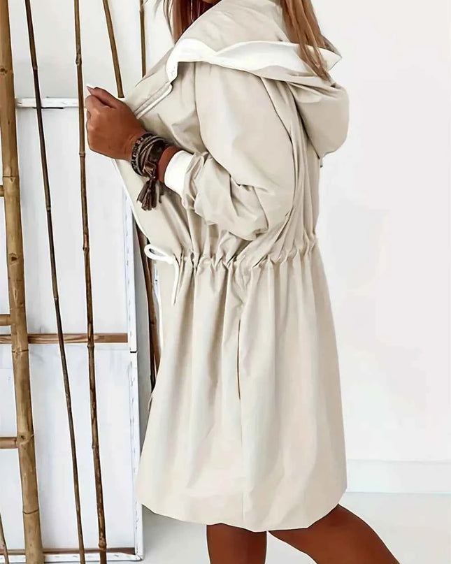 Drawstring Long Sleeve Hooded Trench Coat 
