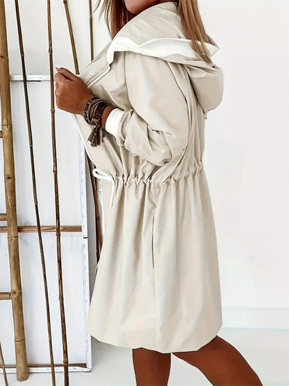 Drawstring Long Sleeve Hooded Trench Coat 