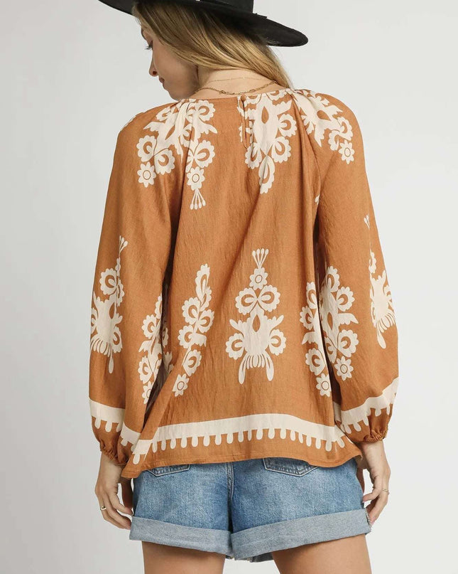 Umgee Full Size Two Tone Border Print Top with Balloon Sleeves Plus Size