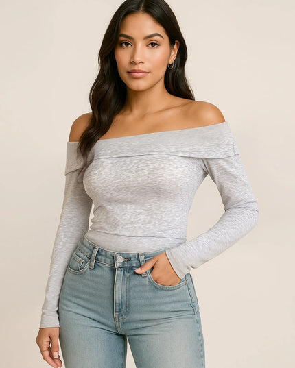 Off-Shoulder Long Sleeve Fitted T-Shirt 