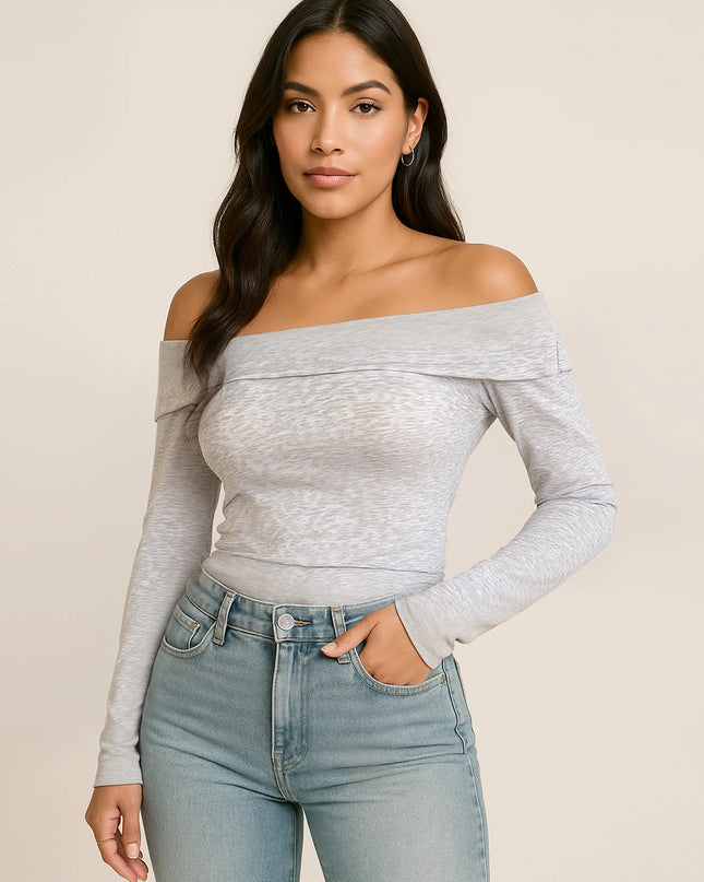 Off-Shoulder Long Sleeve Fitted T-Shirt 