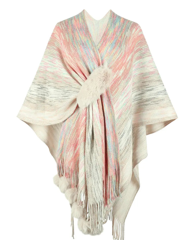 Heathered Fringe Hem Poncho Ivory One Size
