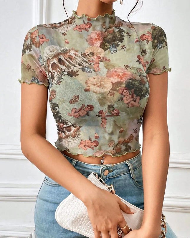 Abstract Print Ruffled Mock Neck Crop T-Shirt