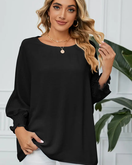 Smocked Lantern Sleeve Round Neck Blouse Black