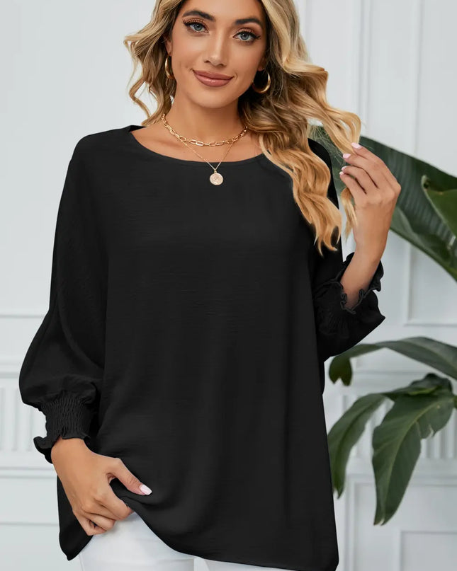 Smocked Lantern Sleeve Round Neck Blouse Black