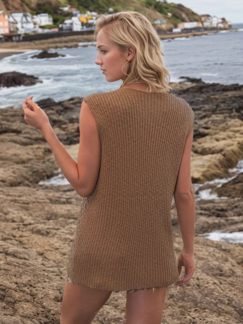 Button Down Eyelet V-Neck Sweater Vest