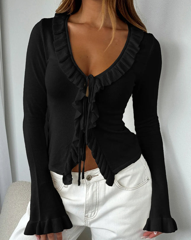 Ruffled Tie Front Flare Sleeve Shirt Black