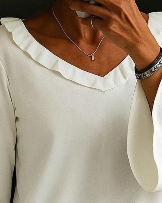 Full Size Ruffled V-Neck Bell Sleeve Top Plus Size