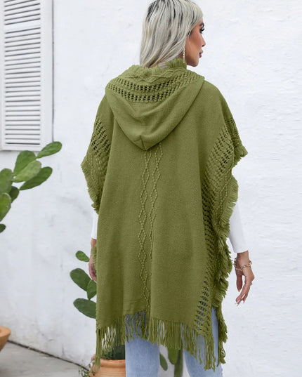 Fringe Trim Buttoned Hooded Poncho