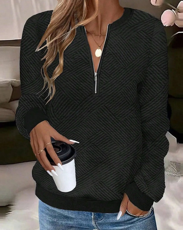 Quarter Zip Textured Long Sleeve Sweatshirt Black