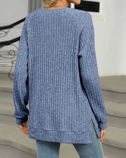 Ribbed Round Neck Long Sleeve T-Shirt